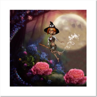 Cute little witch flying with a broom Posters and Art